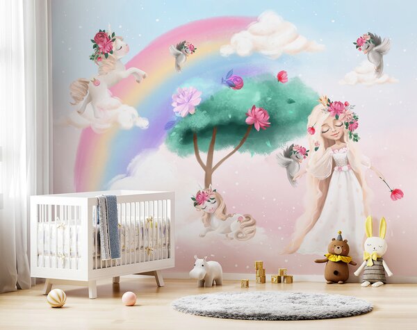 Carta da parati Cartone animato di una ragazza con fiori sui capelli e un arcobaleno, Carta da parati per Bambini, Carta da parati popolare, u96869 - Tapeko.it