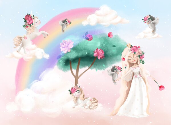 Carta da parati Cartone animato di una ragazza con fiori sui capelli e un arcobaleno, Carta da parati per Bambini, Carta da parati popolare, u96869 - Tapeko.it