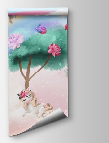 Carta da parati Cartone animato di una ragazza con fiori sui capelli e un arcobaleno, Carta da parati per Bambini, Carta da parati popolare, u96869 - Tapeko.it