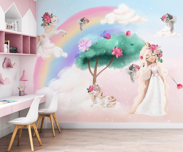 Carta da parati Cartone animato di una ragazza con fiori sui capelli e un arcobaleno, Carta da parati per Bambini, Carta da parati popolare, u96869 - Tapeko.it