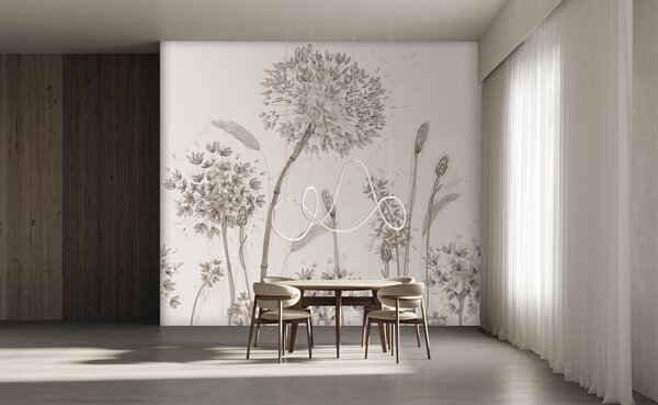 Carta da parati Grandi fiori di prato di denti di leone minimalismo loft in stile monocromatico, Carta da parati Floreale, u96934 : Uwalls.it