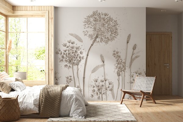 Carta da parati Grandi fiori di prato di denti di leone minimalismo loft in stile monocromatico, Carta da parati Floreale, u96934 : Uwalls.it