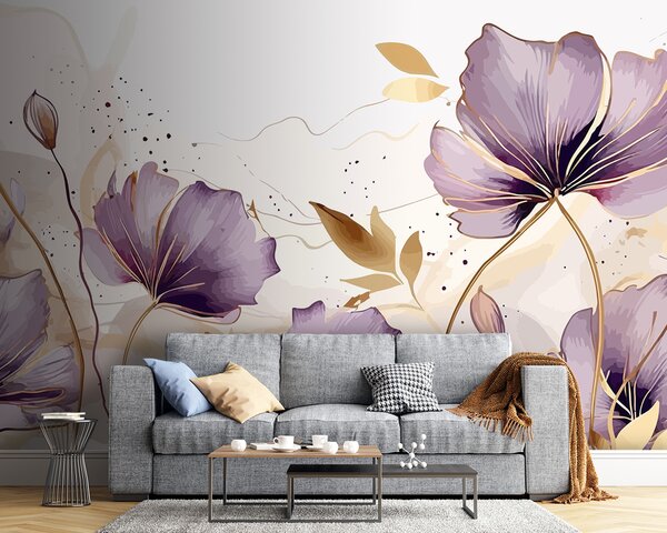 Carta da parati Pittura di fiori viola, Carta da parati acquerello sul muro, Carta da parati popolare, u96954 - Tapeko.it