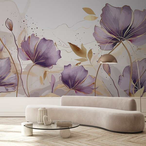 Carta da parati Pittura di fiori viola, Carta da parati acquerello sul muro, Carta da parati popolare, u96954 - Tapeko.it