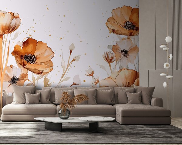 Carta da parati Pittura di fiori e foglie, Carta da parati acquerello sul muro, Carta da parati popolare, u96960 - Tapeko.it