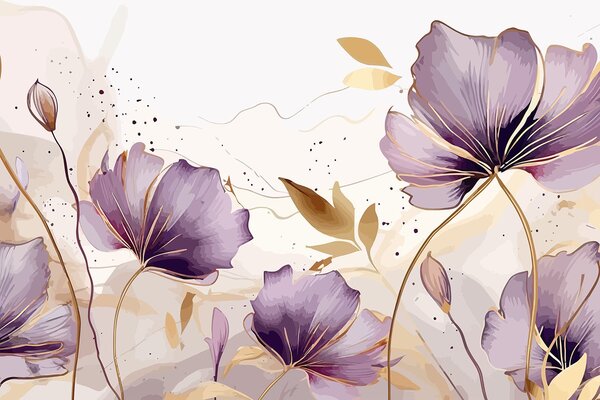 Carta da parati Pittura di fiori viola, Carta da parati acquerello sul muro, Carta da parati popolare, u96954 - Tapeko.it