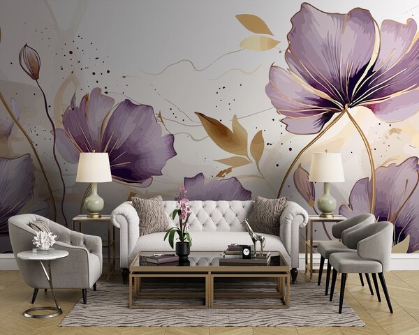 Carta da parati Pittura di fiori viola, Carta da parati acquerello sul muro, Carta da parati popolare, u96954 - Tapeko.it
