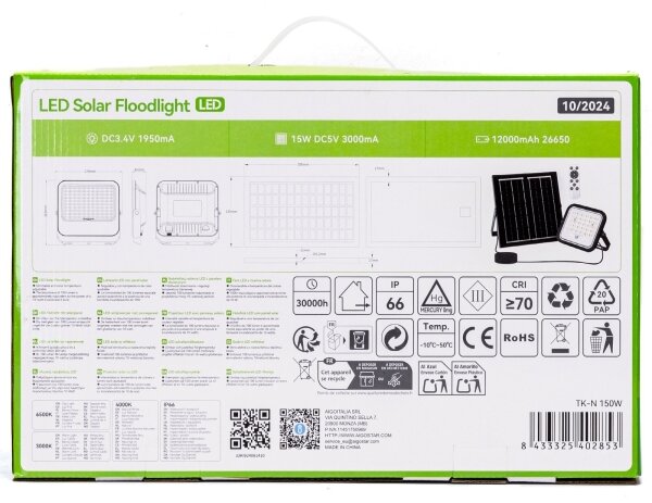 Aigostar - Proiettore solare LED dimmerabile LED/150W/3,4V IP66 + telecomando