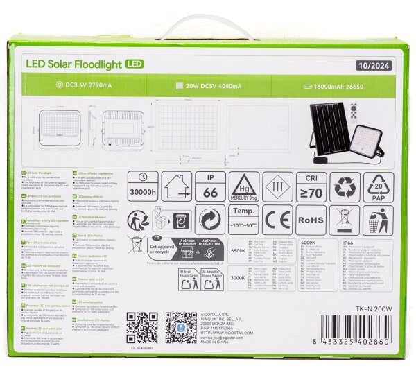Aigostar - Proiettore solare LED dimmerabile LED/200W/3,4V IP66 + telecomando