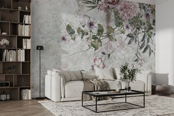 Carta da parati Pittura di fiori su sfondo bianco, Carta da parati Floreale, Carta da parati popolare, u97046 - Tapeko.it