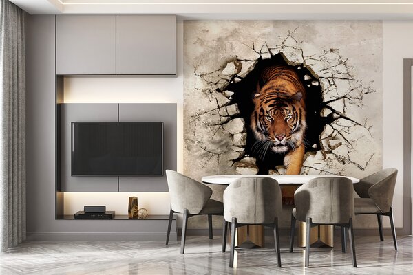 Carta da parati La tigre che esce da un buco nel muro, Carta da parati 3d, Carta da parati popolare, u97031 - Tapeko.it