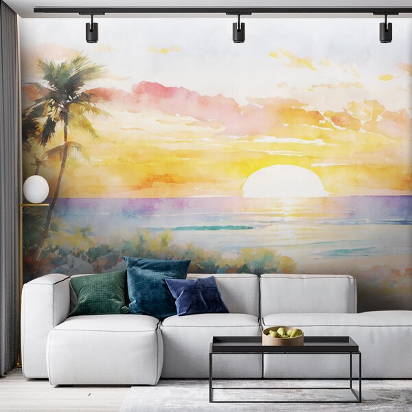 Carta da parati Palme e tramonto sulla spiaggia, Carta da parati Acquerello, u97312 : Uwalls.it