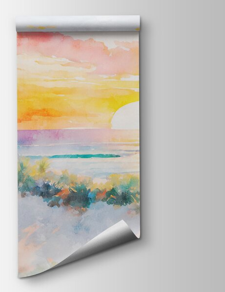 Carta da parati Pittura ad acquerello di una spiaggia con palme e tramonto, Carta da parati acquerello sul muro, Carta da parati popolare, u97312 - Tapeko.it