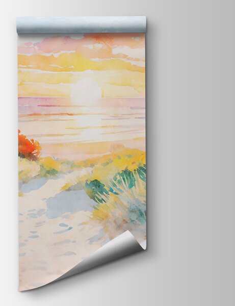 Carta da parati Acquerello di una casa e di una spiaggia, Carta da parati acquerello sul muro, Carta da parati popolare, u97316 - Tapeko.it