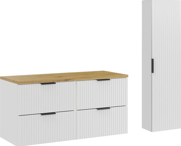 Set Da Bagno 120 Cm Bianco Opaco Con Piano In Rovere Artisan E Mobile