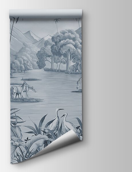 Carta da parati Un fiume con zebre e montagne, Carta da parati Giungla, Carta da parati popolare, u59040v2 - Tapeko.it