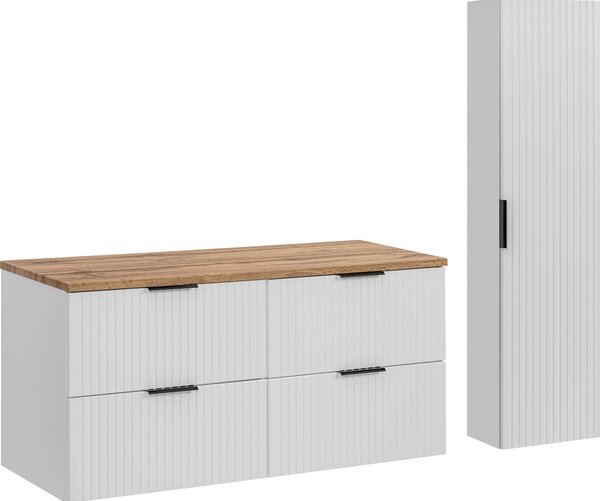Set Di Mobili Da Bagno Bianco Opaco 120 Cm Con Piano In Rovere Wotan E Montante