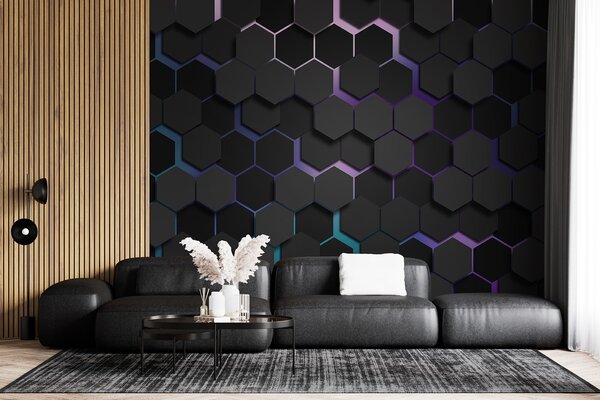 Carta da parati Esagoni neri con effetto 3d nei colori nero e viola, Carta da parati lastrazione, u79935v2 : Uwalls.it