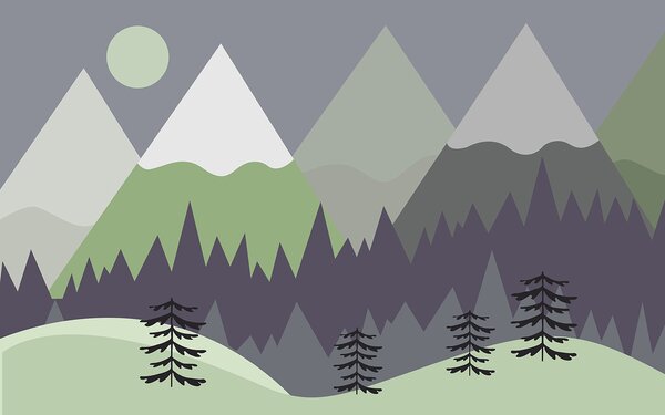Carta da parati Un paesaggio montano con alberi e montagne, Carta da parati per Bambini, Carta da parati popolare, u93561v3 - Tapeko.it