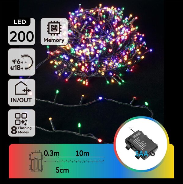 Aigostar -LED catena luminosa per esterni 200xLED/8 funzioni 3xAA 10,3m IP44 multicolore