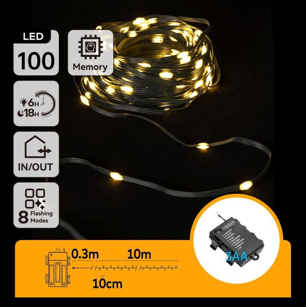 Aigostar - Catena LED esterna 100 LED, 8 funzioni, 3xAA, 10,3m, IP44, bianco cal