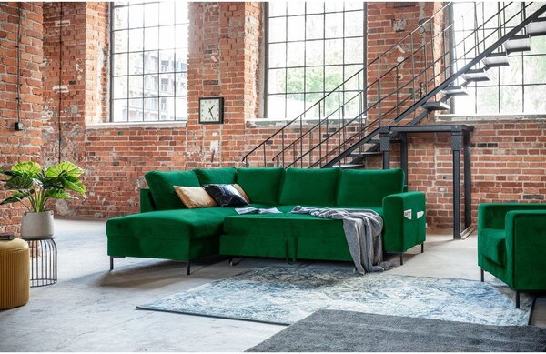 Divano letto angolare in velluto verde scuro (angolo sinistro) Lofty Lilly - Miuform