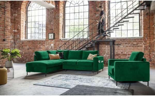 Divano letto angolare in velluto verde scuro (angolo sinistro) Lofty Lilly - Miuform