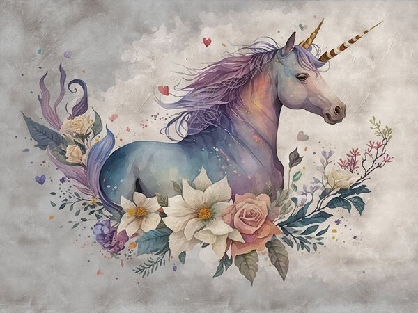 Carta da parati Un unicorno con fiori e foglie, Carta da parati gli unicorni, Carta da parati popolare, u95411 - Tapeko.it