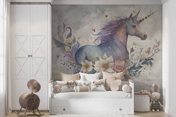 Carta da parati Un unicorno con fiori e foglie, Carta da parati gli unicorni, Carta da parati popolare, u95411 - Tapeko.it