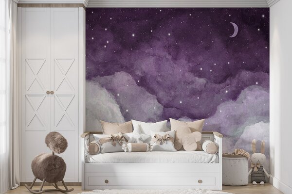 Carta da parati Un cielo viola con nuvole e stelle, Carta da parati per Bambini, Carta da parati popolare, u96076v3 - Tapeko.it
