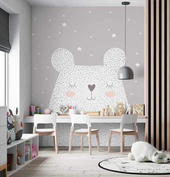 Carta da parati Un orso bianco con puntini e stelle, Carta da parati per Bambini, Carta da parati popolare, u97174 - Tapeko.it