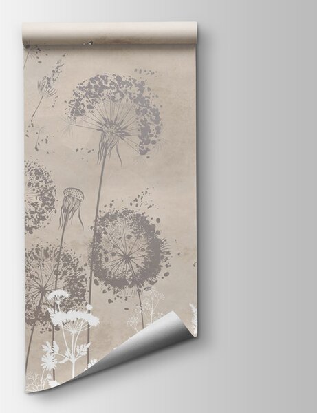 Carta da parati Fiori bianchi e grigi con farfalle che volano nell'aria, Carta da parati Denti di Leone, Carta da parati popolare, u97333 - Tapeko.it