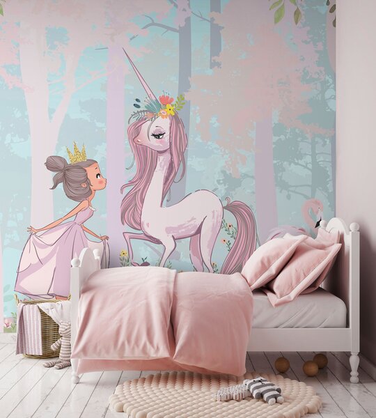 Carta da parati Un cartone animato di una ragazza e un unicorno in una foresta, Carta da parati per Ragazze, Carta da parati popolare, u97350 - Tapeko.it