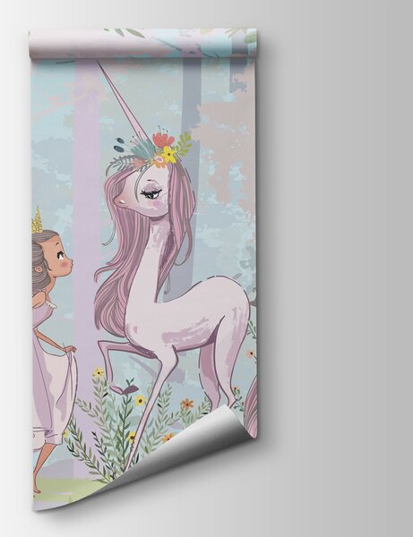 Carta da parati Un cartone animato di una ragazza e un unicorno in una foresta, Carta da parati per Ragazze, Carta da parati popolare, u97350 - Tapeko.it