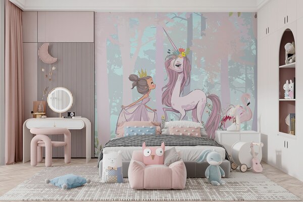 Carta da parati Un cartone animato di una ragazza e un unicorno in una foresta, Carta da parati per Ragazze, Carta da parati popolare, u97350 - Tapeko.it