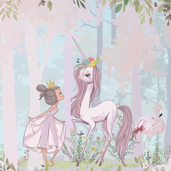 Carta da parati Un cartone animato di una ragazza e un unicorno in una foresta, Carta da parati per Ragazze, Carta da parati popolare, u97350 - Tapeko.it