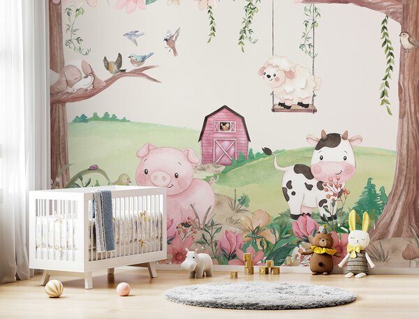 Carta da parati Un acquerello con animali in una fattoria, Carta da parati per Bambini, Carta da parati popolare, u97370 - Tapeko.it