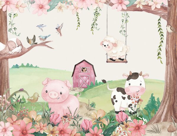 Carta da parati Un acquerello con animali in una fattoria, Carta da parati per Bambini, Carta da parati popolare, u97370 - Tapeko.it