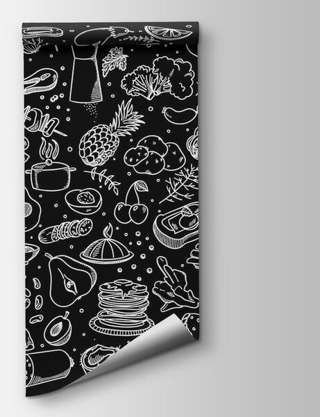 Carta da parati Un disegno in bianco e nero di cibo, Carta da parati Cibo e bevande, Carta da parati popolare, u97432 - Tapeko.it