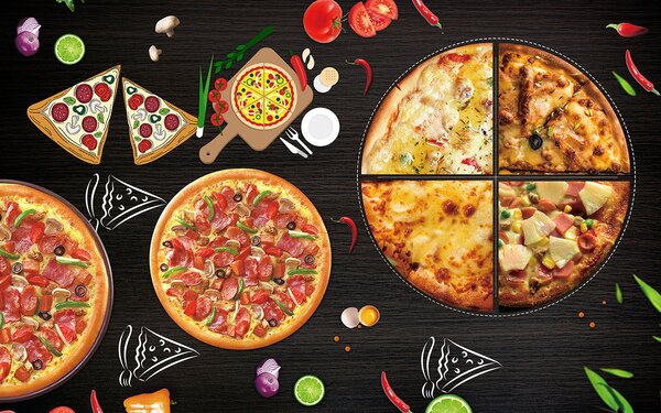 Carta da parati Una pizza su un tavolo, Carta da parati Cibo e bevande, Carta da parati popolare, u97436 - Tapeko.it