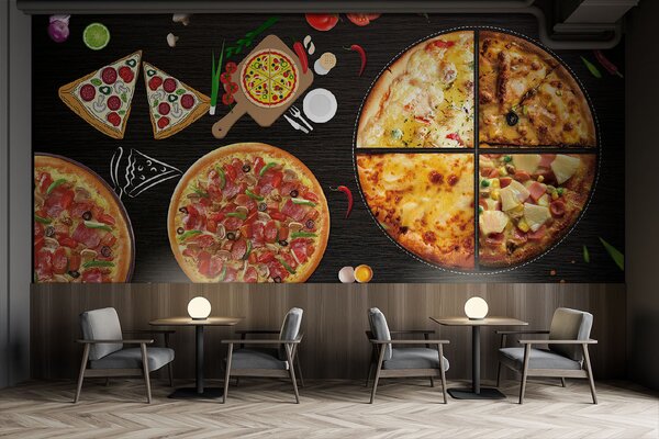 Carta da parati Una pizza su un tavolo, Carta da parati Cibo e bevande, Carta da parati popolare, u97436 - Tapeko.it