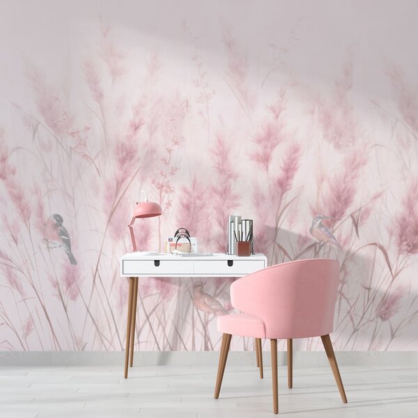Carta da parati Fiori di campo rosa con uccelli, campi di canne, Carta da parati Natura, u97467 : Uwalls.it
