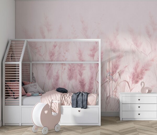 Carta da parati Fiori di campo rosa con uccelli, campi di canne, Carta da parati Natura, u97467 : Uwalls.it