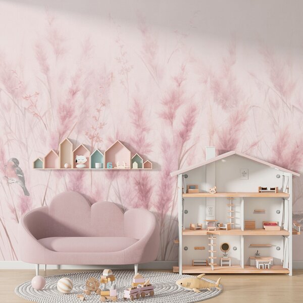 Carta da parati Fiori di campo rosa con uccelli, campi di canne, Carta da parati Natura, u97467 : Uwalls.it