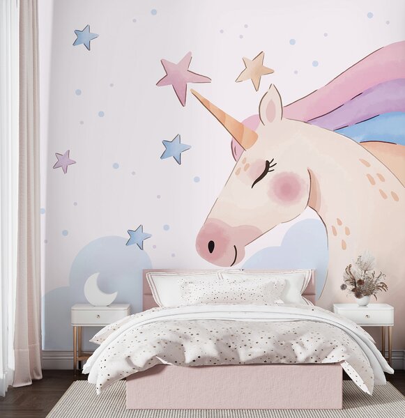 Carta da parati Un unicorno con stelle e nuvole, Carta da parati per Bambini, Carta da parati popolare, u97532 - Tapeko.it