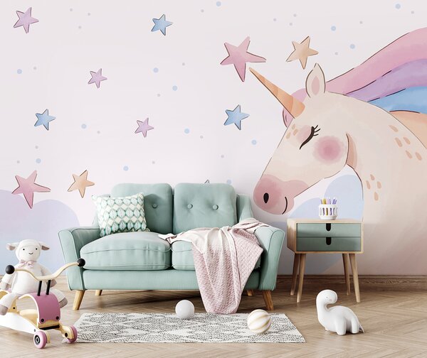 Carta da parati Un unicorno con stelle e nuvole, Carta da parati per Bambini, Carta da parati popolare, u97532 - Tapeko.it