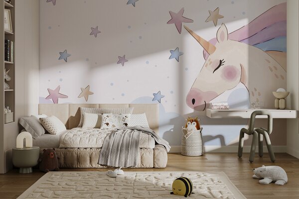 Carta da parati Un unicorno con stelle e nuvole, Carta da parati per Bambini, Carta da parati popolare, u97532 - Tapeko.it