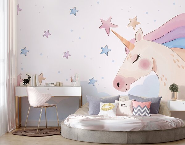 Carta da parati Un unicorno con stelle e nuvole, Carta da parati per Bambini, Carta da parati popolare, u97532 - Tapeko.it