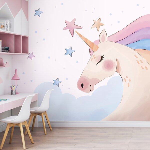 Carta da parati Un unicorno con stelle e nuvole, Carta da parati per Bambini, Carta da parati popolare, u97532 - Tapeko.it