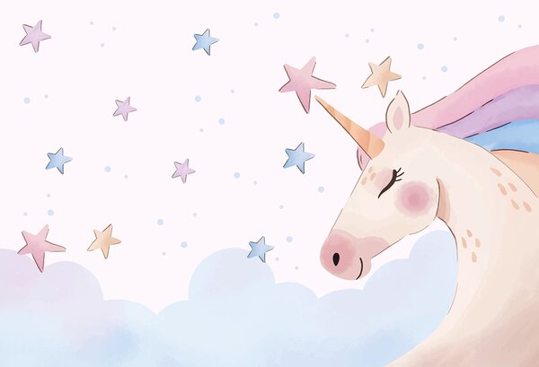 Carta da parati Un unicorno con stelle e nuvole, Carta da parati per Bambini, Carta da parati popolare, u97532 - Tapeko.it